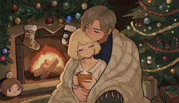 1boy 1girl arms_around_waist ashley_graham blonde_hair blue_shirt candy_apple character_doll christmas christmas_ornaments christmas_present christmas_stocking christmas_tree closed_eyes closed_mouth commentary couple cup doll fireplace food gift hair_between_eyes hetero highres holding holding_cup hot_chocolate leon_s._kennedy light_smile marshmallow parted_bangs resident_evil resident_evil_4 resident_evil_4_(remake) shared_blanket shirt short_hair snowman sweater symbol-only_commentary veroq77 white_sweater