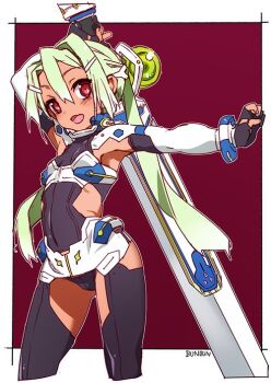 1girl armpits black_gloves black_leotard black_thighhighs breasts bunbun clothing_cutout commentary_request contrapposto cowboy_shot fingerless_gloves gloves green_hair hair_intakes hair_ornament hairclip hip_vent holding holding_sword holding_weapon huge_weapon leotard microskirt open_mouth original outstretched_arm red_eyes signature skirt small_breasts smile solo sword tan thighhighs twintails weapon