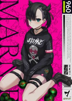 1girl alternate_costume asymmetrical_bangs barbell_piercing barcode black_boots black_choker black_hair black_hoodie black_shorts boots breasts character_name choker cover dusk_ball ear_piercing english_text fake_cover full_body green_eyes hair_ribbon highres hood hoodie looking_at_viewer marnie_(pokemon) nintendo osanzi piercing poke_ball pokemon pokemon_swsh print_hoodie ribbon short_twintails shorts sitting skull_print small_breasts solo thigh_strap thighs twintails undercut wariza