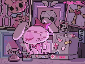 angel_wings animal animal_focus animated animated_gif antique_phone artist_name blood bow cartoon_wings closed_eyes closed_mouth clothed_animal commentary computer computer_keyboard english_commentary eyelashes eyepatch eyeshadow floppy_ears heart house indoors makeup medical_eyepatch neck_ribbon no_humans original paper photo_(object) pink_blood pink_bow pink_eyeshadow pink_ribbon pixel_art rabbit ribbon shadow skull smile stuffed_animal stuffed_toy susumilk teddy_bear typing white_wings wings