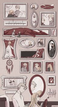 1boy 1girl absurdres aged_down ambrosia_(dungeon_meshi) armor blonde_hair book braid cardiogram choker closed_eyes comb comic_panel_redraw derivative_work dreamcatcher dungeon_meshi elf english_text falling green_eyes highres knife laios_touden laios_touden_(dog) long_hair looking_at_another marcille&#039;s_familiar marcille_donato marcille_donato_(lord) mirror open_mouth picture_frame plaque pointy_ears portrait_(object) red_dragon_(dungeon_meshi) scany57093245 smile speech_bubble sweatdrop twintails walking_mushroom_(dungeon_meshi)