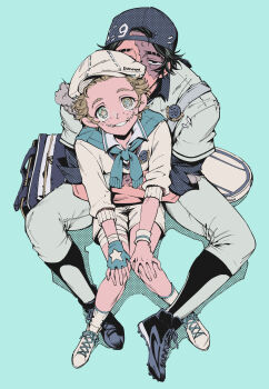 2boys aqua_background aqua_eyes arms_around_waist backwards_hat bandaged_leg bandaged_wrist bandages baseball_cap black_eyes black_hair black_shoes blonde_hair blue_hat covered_mouth cross-shaped_pupils fingerless_gloves flat_cap forehead freckles full_body gloves grin hat head_tilt highres identity_v kneehighs knees_together_feet_apart layered_sleeves long_sleeves looking_at_viewer male_focus mike_morton mike_morton_(ace) multiple_boys norton_campbell norton_campbell_(wild_pitch) official_alternate_costume pants sanpaku scar scar_across_eye scar_on_face shirt shoes short_hair short_over_long_sleeves short_sleeves shorts single_glove sitting sitting_on_lap sitting_on_person smile sneakers socks star-shaped_pupils star_(symbol) stitched_mouth stitches sweater sweater_around_neck symbol-shaped_pupils three-quarter_sleeves white_hat white_pants white_shirt white_shorts white_socks white_sweater wristband yaoi yellow_pupils yousuke_(yosk)