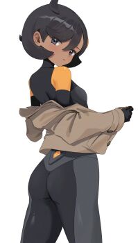 1girl ass black_hair bodysuit breasts dalt4nimation dark-skinned_female dark_skin emma_(pokemon) from_behind jacket looking_back nintendo pokemon pokemon_legends:_z-a purple_eyes short_hair undressing white_background
