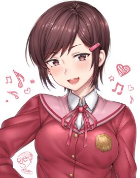 1girl :d beamed_eighth_notes blush breasts brown_eyes brown_hair collared_shirt commentary_request doodle_inset eighth_note hair_ornament hairclip head_tilt heart highres jacket kami_nomi_zo_shiru_sekai katsuragi_keima kosaka_chihiro looking_at_viewer medium_breasts musical_note neck_ribbon open_mouth parted_bangs pink_sailor_collar red_jacket red_ribbon ribbon sailor_collar school_emblem school_uniform shirt short_hair simple_background smile solo star_(symbol) upper_body white_background white_shirt yakimi_27