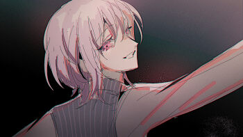 Rule 34 | 1girl, arm up, bang dream!, bang dream! it's mygo!!!!!, caren hortensia, chromatic aberration, commentary, from behind, highres, looking at viewer, maybecrosswise, open mouth, pink eyes, purple hair, short hair, solo, upper body