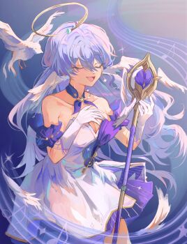 Rule 34 | 1girl, absurdres, bare shoulders, bird, blver, breasts, choker, cleavage, closed eyes, commentary, cowboy shot, detached sleeves, dress, earrings, gloves, halo, head wings, highres, honkai: star rail, honkai (series), jewelry, long hair, medium breasts, purple choker, purple hair, robin (honkai: star rail), short sleeves, solo, standing, strapless, strapless dress, untranslatable commentary, very long hair, white dress, white gloves, wings