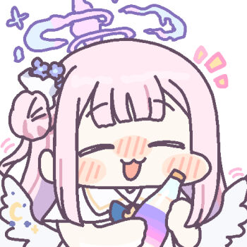 angel_wings blue_archive bottle chibi closed_eyes drunk feathered_wings gradient_halo hair_bun halo holding holding_bottle jazz_jack low_wings lowres mika_(blue_archive) multicolored_halo pink_hair pink_halo scrunchie sidelocks simple_background white_background white_wings wings wrist_scrunchie
