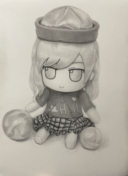 absurdres clothes_writing commentary_request doll full_body fumo_(doll) graphite_(medium) greyscale hecatia_lapislazuli highres medium_hair monochrome object_focus pandemonicka shirt sketch skirt still_life stuffed_toy touhou traditional_media unfinished white_background