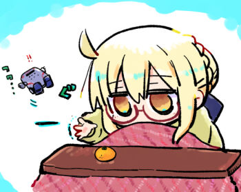 1girl artoria_pendragon_(fate) blonde_hair braid brown_eyes chibi commentary_request covered_mouth fate/grand_order fate_(series) glasses hair_between_eyes hair_bun k6-x4 kasuga_yuuki kotatsu long_sleeves lowres mysterious_heroine_x_alter_(fate) puffy_long_sleeves puffy_sleeves red-framed_eyewear semi-rimless_eyewear solo_focus table trembling under-rim_eyewear white_background