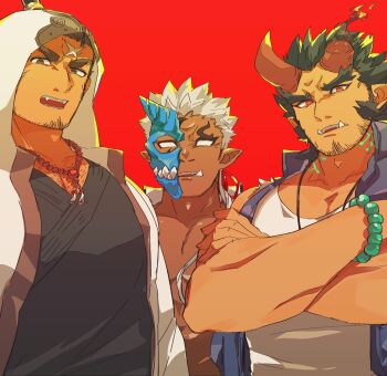 3boys bara blank_eyes bone_color919 broken_horn crossed_arms demon_boy demon_horns facial_hair frown half_mask highres hood hood_up horns houzouin_oniwaka large_pectorals male_focus mask mature_male multiple_boys muscular muscular_male mutton_chops oni_mask pectoral_cleavage pectorals protected_link serious shuten_douji_(housamo) sparse_chest_hair stubble takemaru_(housamo) thick_eyebrows tokyo_houkago_summoners upper_body
