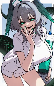 1girl absurdres alternate_costume arknights breasts commentary dryegen green_eyes grey_hair head_wings highres ho&#039;olheyak_(arknights) holding holding_syringe large_breasts looking_at_viewer medium_hair nurse open_mouth smile snake_tail solo syringe tail wings