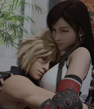 1boy 1girl 3d artist_name bare_shoulders black_gloves black_hair blonde_hair breast_pillow breasts closed_eyes closed_mouth cloud_strife couple crop_top cuddling earrings elbow_gloves elbow_pads final_fantasy final_fantasy_vii final_fantasy_vii_remake fingerless_gloves gloves highres hug indoors jewelry large_breasts long_hair lyssa_hl plant single_earring single_elbow_pad sleeping sleeveless sleeveless_turtleneck spiked_hair square_enix suspenders sweater swept_bangs tank_top teardrop_earring tifa_lockhart turtleneck turtleneck_sweater upper_body white_tank_top