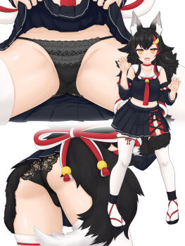 animal_ear_fluff animal_ears ass black_panties choker claw_pose clothes_lift commentary_request detached_sleeves from_below hair_ornament highres hololive kishimakai legs_apart lifting_own_clothes midriff ookami_mio ookami_mio_(1st_costume) open_mouth panties red_choker sandals skirt skirt_lift standing tail tail_around_own_leg thigh_gap thighhighs underwear upskirt virtual_youtuber white_background wolf_ears wolf_girl wolf_tail yellow_eyes