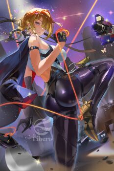 1girl arm_strap artist_name ass asymmetrical_gloves black_coat black_gloves black_pants blonde_hair breasts bug butterfly camera chest_harness closed_mouth coat coat_on_shoulders comet commentary earrings elbow_gloves english_commentary evelyn_chevalier foot_out_of_frame from_side glint gloves hair_over_one_eye half_gloves harness high-waist_pants high_heels highres insect jewelry knife large_breasts libero_art looking_at_viewer mole mole_under_eye night one_eye_covered pants purple_eyes ring_hair_ornament shirt single_elbow_glove single_half_glove sleeveless sleeveless_shirt solo standing standing_on_one_leg star_(sky) tight_clothes tight_pants uneven_gloves white_shirt wire zenless_zone_zero