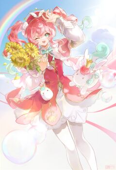 >_< 1girl absurdres aqua_bow aqua_bowtie aqua_eyes aqua_hair beret blue_sky bow bowtie commentary_request crown dress feet_out_of_frame flower gradient_hair hair_between_eyes hat highres honkai:_star_rail honkai_(series) hush_(xoxo_hush) hyacine_(honkai:_star_rail) little_ica_(honkai:_star_rail) long_sleeves looking_at_another mini_crown multicolored_hair one_eye_closed open_mouth pantyhose pink_hair rainbow red_dress red_hat sky smile sunflower white_pantyhose