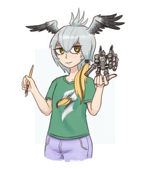 1girl animal_print armored_core armored_core_vi:_fires_of_rubicon bird_print blonde_hair drawfag green_shirt grey_hair hair_wings holding holding_paintbrush model multicolored_hair paintbrush pants purple_pants shirt shoebill_(kemono_friends) simple_background smile solo standing t-shirt two-tone_hair white_background wings yellow_eyes