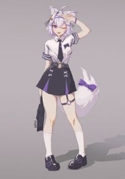 1girl 6b43 absurdres ahoge alternate_costume animal_ear_fluff animal_ears bag belt black_bag black_belt black_necktie black_ribbon black_shoes black_skirt blush bow breasts cat_ears cat_girl cat_tail collared_shirt commentary eyelashes filian_(vtuber) full_body grey_background hair_between_eyes hair_intakes hair_ribbon hand_up highres holding holding_bag indie_virtual_youtuber necktie o-ring o-ring_belt one_eye_closed open_mouth purple_bow purple_eyes ribbon shadow shirt shoes short_sleeves signature simple_background skirt smile socks solo standing tail tail_bow tail_ornament teeth thigh_strap upper_teeth_only virtual_youtuber white_shirt white_socks