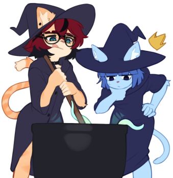 2girls :q aeiou_(yoako) animal_ears black-framed_eyewear black_hair black_hat black_robe blue_hair cat_ears cat_girl cat_tail character_request furry furry_female glasses hat holding holding_stick multicolored_hair multiple_girls original red_hair robe short_hair simple_background stick tail tentacles tongue tongue_out two-tone_hair white_background witch witch_hat yoako