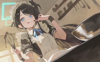 1girl :q apron aqua_halo aris_(blue_archive) aris_(maid)_(blue_archive) blue_archive blue_eyes bow chocolate chocolate_on_face commentary commentary_request english_commentary food food_on_face halo highres holding indoors kitchen looking_at_viewer m.q_(mqkyrie) maid maid_apron maid_headdress mixed-language_commentary official_alternate_costume puffy_short_sleeves puffy_sleeves short_sleeves solo tongue tongue_out white_apron