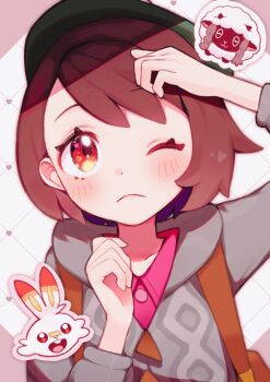 1girl blush brown_bag brown_hair cable_knit cardigan gen_8_pokemon gloria_(pokemon) green_hat grey_cardigan hand_on_own_head hat heart heart_in_eye highres hood hooded_cardigan nintendo pokemon pokemon_(creature) pokemon_swsh scorbunny short_hair symbol_in_eye tam_o&#039;_shanter upper_body wooloo yama_(toaru_puyopuyo)