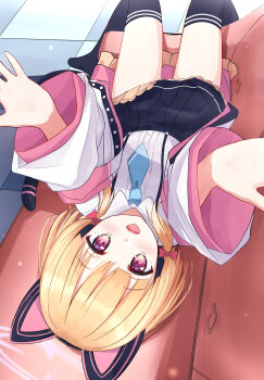 1girl :d absurdres animal_ear_headphones animal_ears black_skirt black_thighhighs blonde_hair blue_archive blue_necktie blush bow buttons cat_ear_headphones cat_ears checkered_floor collared_shirt commentary couch cpk_prd dress_shirt fake_animal_ears frilled_jacket frilled_skirt frills from_above hair_bow halo headphones highres jacket long_sleeves looking_at_viewer low-tied_sidelocks lying miniskirt momoi_(blue_archive) multicolored_jacket necktie no_shoes off_shoulder on_back on_couch open_clothes open_jacket open_mouth outstretched_arms pink_eyes pink_halo pink_jacket pleated_skirt reaching reaching_towards_viewer red_bow school_uniform shirt short_hair sidelocks skirt smile solo suspender_skirt suspenders teeth thighhighs two-sided_fabric two-sided_jacket unbuttoned upper_teeth_only upside-down white_jacket white_shirt wide_sleeves