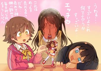 Rule 34 | 3girls, blue eyes, blush, brown hair, collared shirt, commentary request, covering own eyes, drooling, female pervert, figure, gradient background, hair between eyes, hair bun, heart, honda mio, idolmaster, idolmaster cinderella girls, jacket, long hair, mouth drool, multiple girls, new generations (idolmaster), one eye closed, open mouth, pervert, shibuya rin, shimamura uzuki, shirt, short hair, simple background, single side bun, striped clothes, striped thighhighs, taru haru, thighhighs, translation request, white shirt, yellow eyes