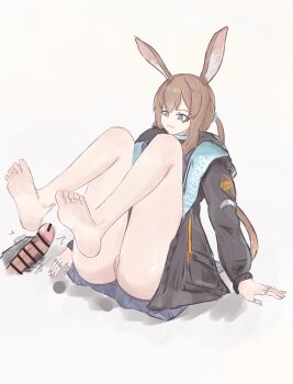 1boy 1girl amiya_(arknights) animal_ears arknights barefoot blue_eyes brown_hair doctor_(arknights) feet feet_up highres long_hair male_masturbation masturbation no_panties open_mouth pussy sixu soles toes