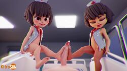 1boy 2girls 3d animated artist_name barefoot blush bottomless brown_eyes brown_hair ceiling_light chara_(undertale) cleft_of_venus closed_eyes cooperative_footjob feet female_frisk_(undertale) fishnet_thighhighs fishnets footjob frisk_(undertale) hat highres indoors kitrosun loli looking_at_viewer looping_animation multiple_girls navel nurse nurse_cap open_clothes open_mouth penis pov pov_crotch precum pussy short_hair smile soles sound teamwork_(sexual) teeth thighhighs toes tongue tongue_out uncensored undertale utdr_(toby_fox) video white_headwear