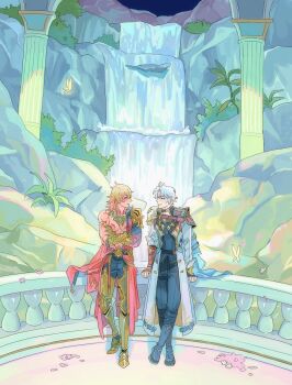 2boys antenna_hair arm_tattoo armlet armor armored_boots black_boots black_choker black_coat black_pants black_shirt blonde_hair blue_cape blue_eyes boots braid bunnyclvb cape chest_tattoo choker clawed_gauntlets coat commentary commentary_request crossed_arms earrings english_commentary facial_tattoo gold_earrings gold_necklace gradient_hair hand_on_railing honkai:_star_rail honkai_(series) jewelry knee_boots male_focus medium_hair multicolored_hair multiple_boys mydei_(honkai:_star_rail) neck_tattoo necklace on_railing open_clothes open_coat pants parted_bangs pauldrons phainon_(honkai:_star_rail) railing red_cape red_hair red_tattoo shirt short_hair shoulder_armor side_braid side_cape single_pauldron sun_symbol sun_tattoo tan tattoo water waterfall white_coat white_hair yellow_eyes