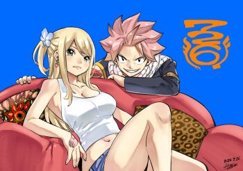 1boy 1girl arm_rest bare_arms bare_shoulders blonde_hair blue_background blue_flower blue_shorts breasts cleavage closed_mouth collarbone commentary_request couch dated earrings fairy_tail flower green_eyes grin hair_flower hair_ornament hand_tattoo heart heart_earrings highres jewelry knee_up large_breasts long_hair long_sleeves looking_at_viewer lucy_heartfilia mashima_hiro midriff natsu_dragneel navel on_couch pink_hair scarf short_hair short_shorts shorts shoulder_tattoo signature single_sleeve sitting smile tank_top tattoo white_scarf white_tank_top