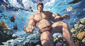 1boy abs air_bubble bara blue_eyes brown_hair bubble bulge commentary coral_reef facial_hair fate/grand_order fate_(series) feet_out_of_frame fish freediving goatee highres jewelry large_hands large_pectorals long_sideburns looking_at_viewer male_focus male_swimwear mature_male muscular muscular_male napoleon_bonaparte_(fate) navel navel_hair necklace nipples outstretched_hand pectorals reaching reaching_towards_viewer red_male_swimwear school_of_fish seafloor sideburns smile solo stomach submerged tekkowang thick_thighs thighs topless_male tsurime underwater untranslatable_commentary