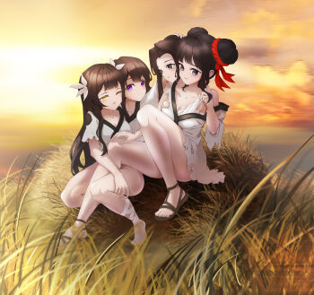 1boy 3girls absurdres barefoot breasts commentary_request conjoined field freytn highres multiple_girls multiple_heads original siblings sunset twins
