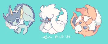 animal_focus black_eyes blue_background blue_eyes bright_pupils chibi commentary dog fins flareon furfrou furfrou_(natural) gen_1_pokemon gen_6_pokemon hand_on_own_face head_fins hideko_(l33l3b) lying nintendo no_humans on_back pokemon pokemon_(creature) poodle signature simple_background sitting tearing_up tears twitter_username upside-down vaporeon white_fur white_pupils