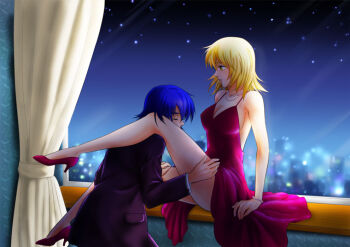 1boy 1girl athrun_zala blonde_hair blue_hair breasts cagalli_yula_athha cleavage closed_eyes clothes_lift collarbone couple curtains dress dress_lift evening gundam gundam_seed hair_between_eyes hetero high_heels indoors jacket jewelry leg_lift lifting_another's_clothes long_sleeves looking_at_another medium_breasts medium_hair necklace parubinko pump purple_jacket red_dress red_footwear sideboob sleeveless sleeveless_dress yellow_eyes