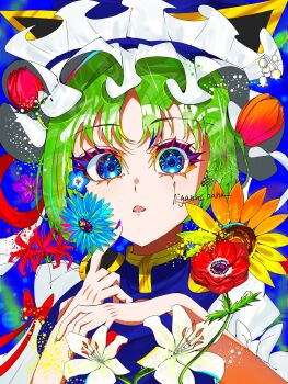 1girl blue_background blue_eyes blue_flower blue_hat blue_vest bow commentary_request fingernails flower frilled_hat frills green_hair hat higann_bana1 highres holding holding_flower looking_at_viewer multicolored_nails orange_flower red_bow red_flower shiki_eiki shirt short_hair simple_background sleeve_bow solo spider_lily sunflower touhou upper_body vest white_bow white_flower white_shirt yellow_flower