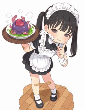 1girl apron bad_food bags_under_eyes bandaged_wrist bandages bandaid bandaid_on_arm bandaid_on_knee bandaid_on_leg black_dress black_eyes black_hair black_shoes blush closed_mouth commentary_request dress frilled_apron frills gauze gauze_on_cheek holding holding_tray leaning_forward looking_at_viewer maid maid_apron maid_headdress mary_janes onyhakase original plate puffy_short_sleeves puffy_sleeves shoes short_dress short_sleeves simple_background socks solo tentacles tray twintails white_apron white_background white_socks