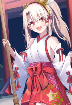 1girl bare_shoulders blush breasts fate/grand_order fate_(series) hakama hakama_skirt highres illyasviel_von_einzbern japanese_clothes kimono long_hair looking_at_viewer miko open_mouth red_eyes red_hakama skirt skyheir_(maya) small_breasts smile solo white_hair white_kimono wide_sleeves
