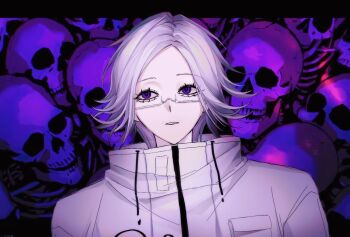 1boy aotsuki_eito bone breast_pocket glasses grey_hair jacket letterboxed looking_to_the_side male_focus outside_border parted_lips pocket purple_eyes short_hair skull solo the_hundred_line_-last_defense_academy- upper_body variant_set white_jacket yan_(9002532944)