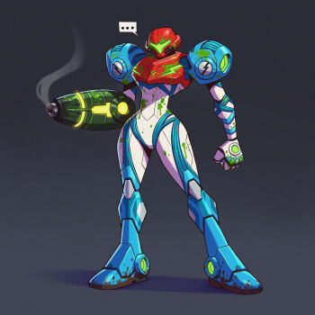 Rule 34 | ..., 1girl, absurdres, arm cannon, armor, assault visor, black background, blood, blood on armor, brwnbear, clenched hand, full armor, gradient background, green blood, gun, highres, metroid, metroid dread, nintendo, normal suit (metroid), power armor, power suit (metroid), samus aran, smoke, smoking barrel, weapon