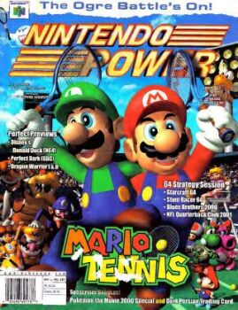 3girls 6+boys baby_mario birdo blonde_hair blue_eyes boo_(mario) bowser brown_hair cover dress facial_hair gloves grin hat koopa_paratroopa lowres luigi magazine_cover mario mario_(series) mario_tennis mario_tennis_(nintendo_64) multiple_boys multiple_girls mustache nintendo nintendo_power official_art orange_skirt overalls pink_dress princess_daisy princess_peach promotional_art racket skirt smile tennis_racket toad_(mario) waluigi wario yoshi