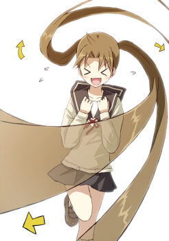 &gt;_&lt; 10s 1girl :d bad_id bad_pixiv_id blush brown_hair clenched_hands closed_eyes collarbone facing_viewer female_focus long_hair okazaki_norie open_mouth school_uniform serafuku simple_background skirt smile solo standing standing_on_one_leg tamayura twintails white_background yakka