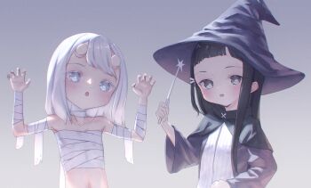 2girls absurdres bandages black_hair blush captaintcher flat_chest halloween_costume hat highres holding holding_wand horns looking_at_viewer multiple_girls mummy_costume open_mouth original smile wand white_eyes white_hair witch witch_hat