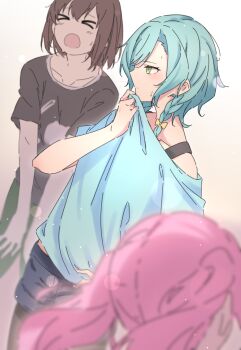 Rule 34 | > <, 3girls, aqua hair, bang dream!, bang dream! girls band party!, black pantyhose, black shirt, blue shirt, blue shorts, blurry, blush, braid, brown hair, closed eyes, collarbone, commentary, depth of field, green eyes, green pants, highres, hikawa hina, kanade (kanade 3344), long hair, maruyama aya, midriff peek, multiple girls, open mouth, pants, pantyhose, pink hair, shirt, short hair, short sleeves, shorts, side braids, sweat, twintails, very long hair, wiping sweat, wiping with clothes, yamato maya