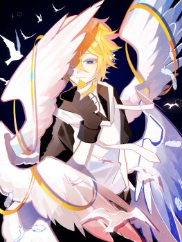 1boy angel angel_wings aotu_world bird black_background black_gloves blonde_hair blue_eyes chinese_commentary closed_mouth collared_shirt cowboy_shot dove drawstring falling_feathers feathered_wings feathers fingerless_gloves gloves hair_between_eyes hair_over_one_eye hand_up highres holding holding_weapon hood hood_down hoodie king_(aotu_world) looking_at_viewer looking_down male_focus multicolored_hoodie one_eye_covered pointy_ears ribbon shirt short_hair short_sleeves shoushishouyuegumouren smile solo weapon white_bird white_feathers white_hoodie white_wings wing_ribbon wings yellow_ribbon