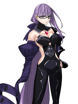 Rule 34 | 1girl, absurdres, bare shoulders, black-framed eyewear, blue notuki, breasts, chest jewel, cleavage, closed mouth, clothing cutout, commentary request, detached collar, detached sleeves, fate/extra, fate/extra ccc, fate/extra ccc fox tail, fate (series), glasses, hair ribbon, hand on own hip, highres, long hair, looking at viewer, medium breasts, purple eyes, purple hair, purple ribbon, ribbon, simple background, solo, very long hair, violet (fate), white background