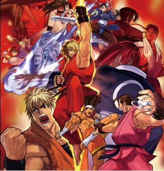 Rule 34 | 4girls, 6+boys, akuma (street fighter), angry, braid, breasts, brown hair, capcom, capcom vs. snk, chun-li, crossover, fatal fury, fighting, fighting stance, fingerless gloves, geese howard, gloves, headband, hibiki dan, joe higashi, kasugano sakura, ken masters, kicking, kusanagi kyou, large breasts, m. bison, multiple boys, multiple girls, muscular, muscular male, official art, punching, red hair, ryou sakazaki, ryu (street fighter), ryuuko no ken, school uniform, shiranui mai, short hair, shorts, skirt, smile, snk, street fighter, terry bogard, the king of fighters, uppercut, yagami iori, yamada takamasa, yuri sakazaki