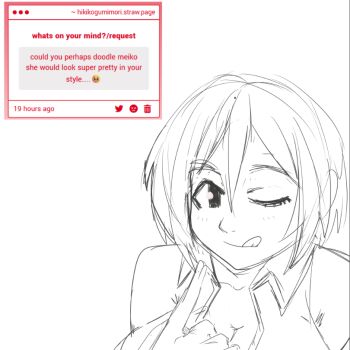 1girl breasts cleavage clenched_hand collarbone hatsuno huge_breasts jacket looking_at_viewer meiko_(vocaloid) one_eye_closed short_hair sketch strawpage tongue vocaloid