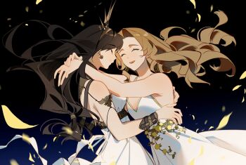 2girls aerith_gainsborough aerith_gainsborough_(white_floral_dress) armlet arms_around_neck bare_shoulders black_background black_hair bracelet breasts brown_hair closed_eyes closed_mouth commentary commission couple crown dress earrings english_commentary facing_another falling_petals final_fantasy final_fantasy_vii final_fantasy_vii_rebirth final_fantasy_vii_remake flower from_side gold_crown gold_earrings gradient_background highres hug jewelry long_hair medium_breasts multiple_girls official_alternate_costume open_mouth parted_bangs petals princess_rosa_costume small_breasts smile square_enix tifa_lockhart tifa_lockhart_(loveless_dress) upper_body white_dress yellow_flower yellow_petals ylceon yuri
