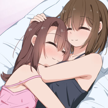 2girls black_camisole brown_hair camisole closed_eyes closed_mouth commentary_request cuddling extreme_hearts hand_on_another&#039;s_head hayama_hiyori highres hug kodaka_saki medium_hair miruzawa_akechi multiple_girls on_bed pillow pink_camisole smile yuri