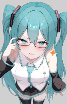 1girl absurdres alternate_breast_size_(larger) aqua_eyes aqua_hair aqua_necktie arm_tattoo bare_shoulders black_sleeves blush breasts commentary_request detached_sleeves eikawa_suru glasses grey_background grey_shirt hatsune_miku headset highres large_breasts long_hair looking_at_viewer medium_breasts necktie number_tattoo shirt simple_background skirt sleeveless sleeveless_shirt smile solo tattoo teeth thighhighs twintails vocaloid